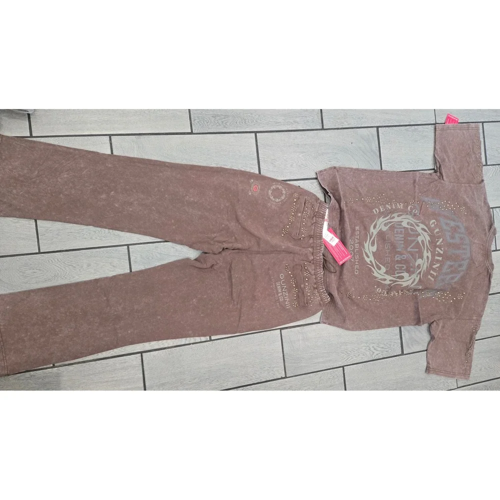 Gunzinii Denim & Co Mens 2XL Brown Mineral Wash Studded T-Shirt and Joggers Set